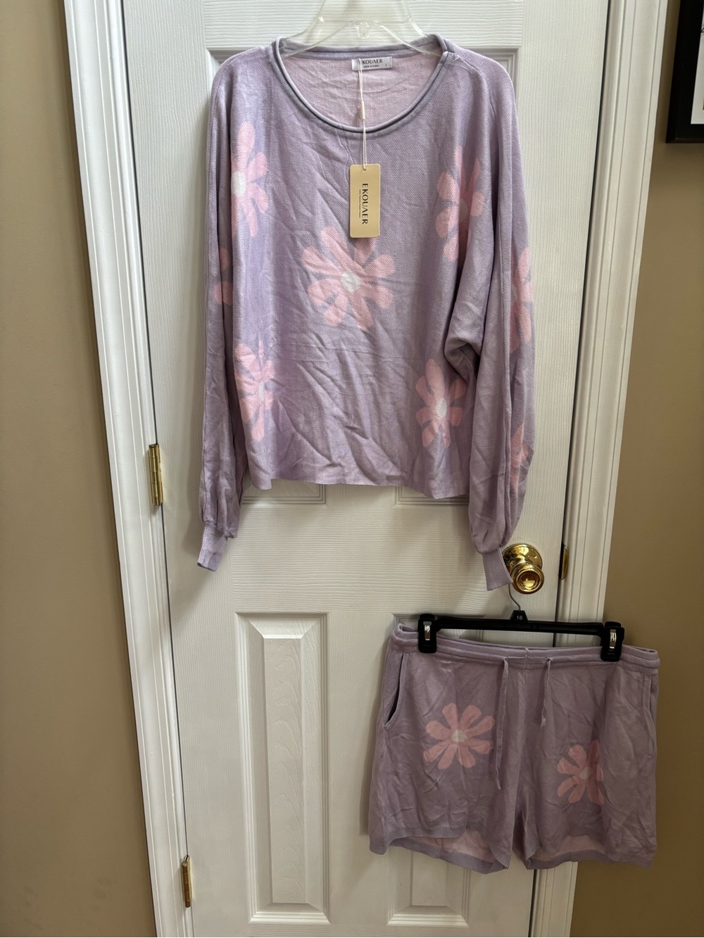 Ekouaer Women's 2-Piece Knit Purple Floral Daisy Lounge Set, Size L, NWT - Picture 2 of 5